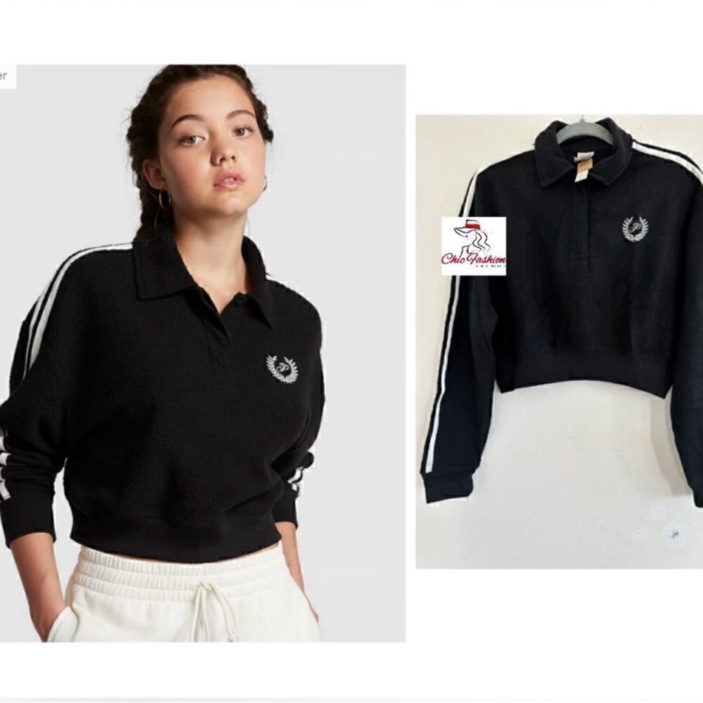 PINK REVERSE FLEECE CROPPED POLO SWEATSHIRT Medium